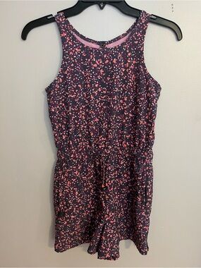 Athleta Navy Romper with Pink‎ Floral Confetti Print